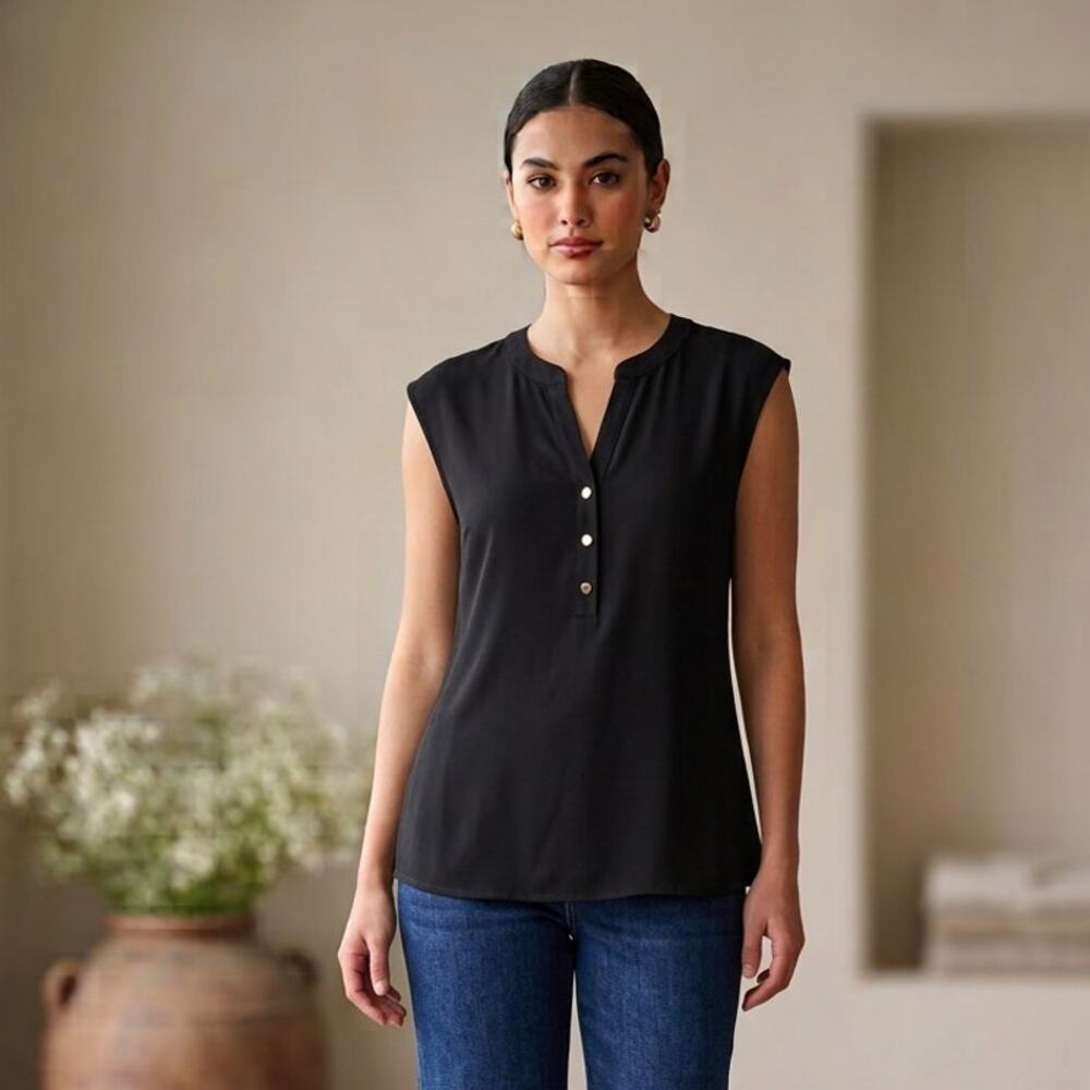 Anne Klein Blouse Top Women's Medium Black Split V-Neck Button Detail Wide Strap